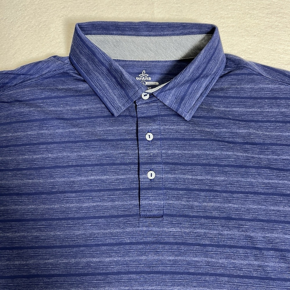 PrAna Polo Shirt Men's Heathered Blue‎ Striped Breathe Size Large - Picture 2 of 7